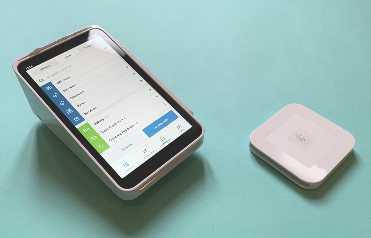 Square Terminal and Reader are the two EFTPOS machines sold by Square Square Terminal next to Square Reader on an aqua background