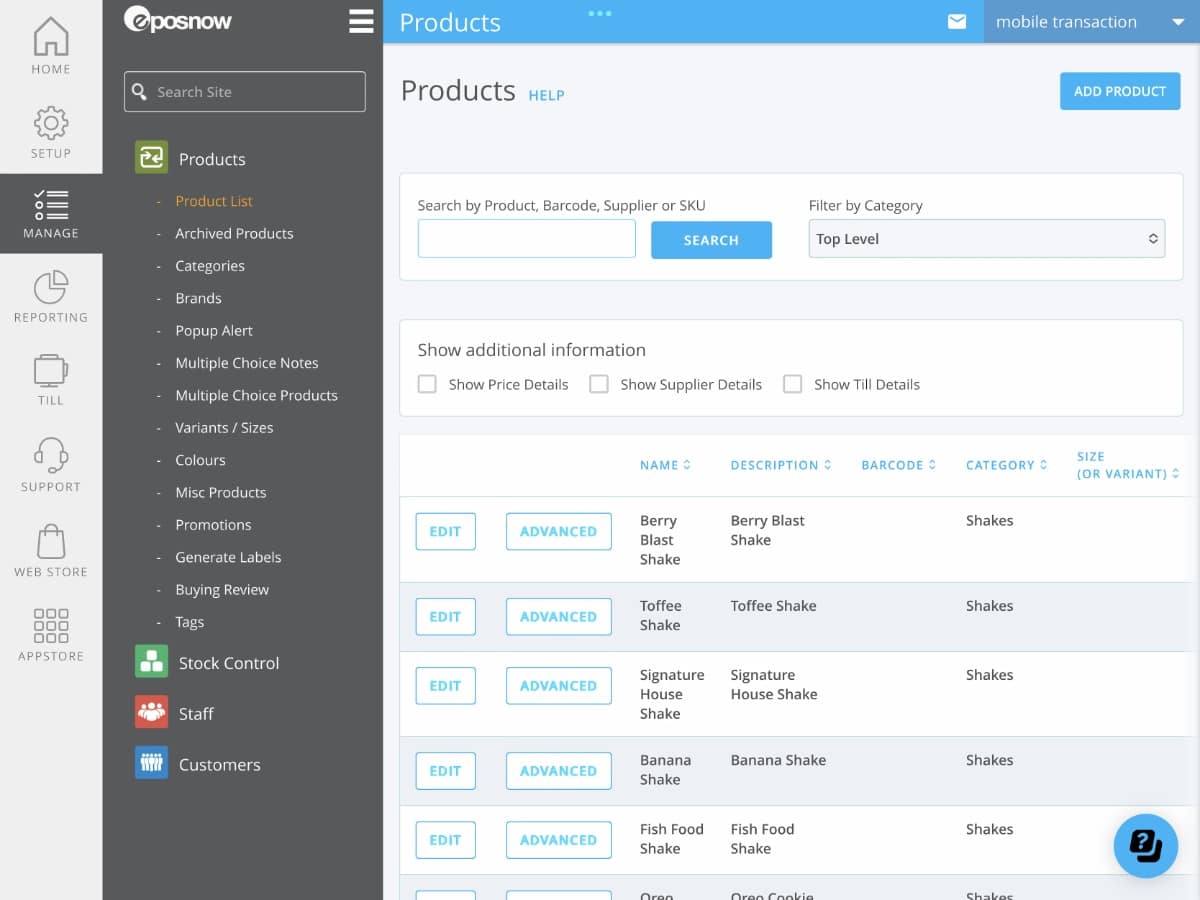 Epos Now product settings the backend dashboard Epos Now Dashboard product settings menu