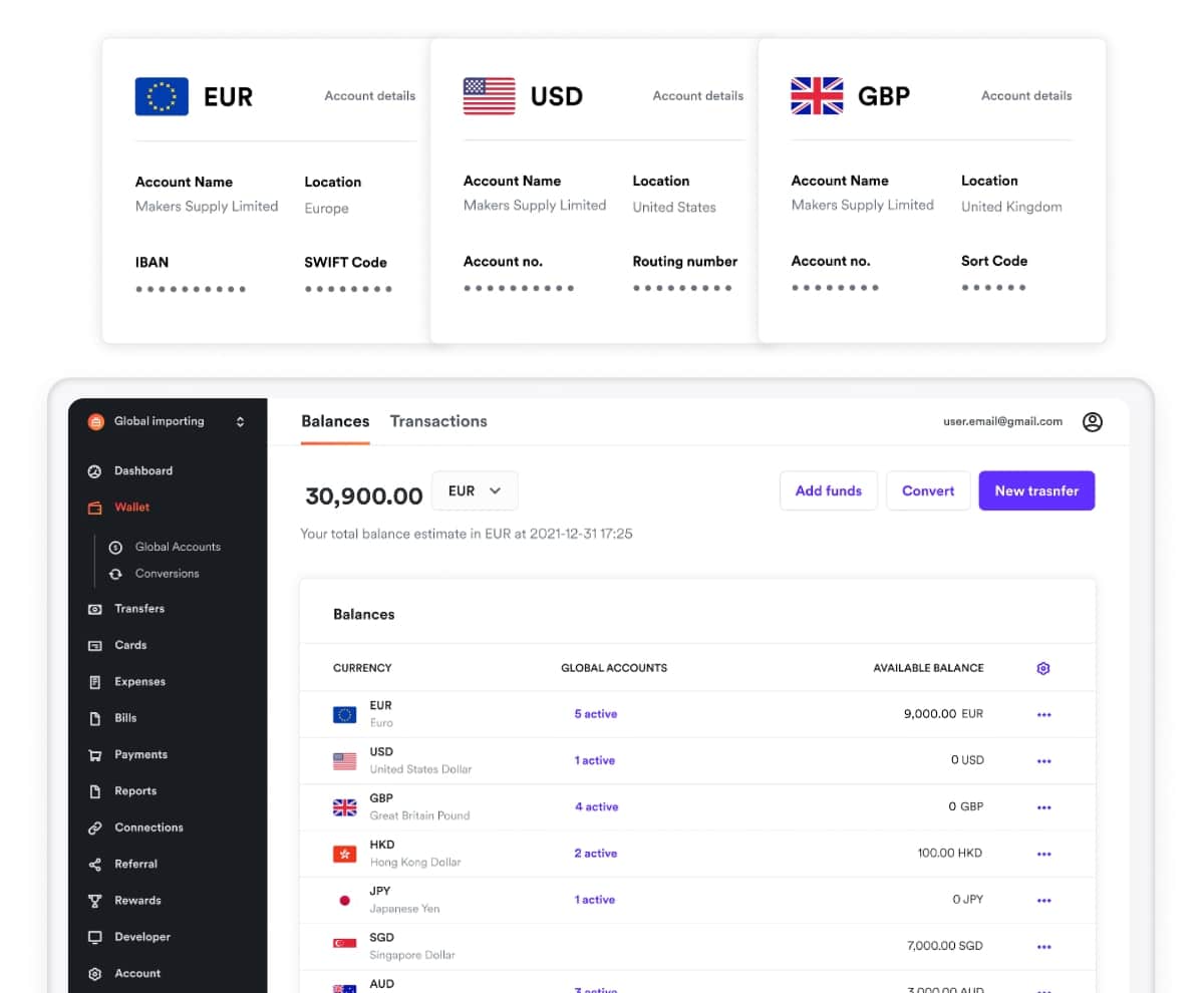 Airwallex accounts let users create multi-currency accounts based in different countries Airwallex multi-currency accounts dashboard