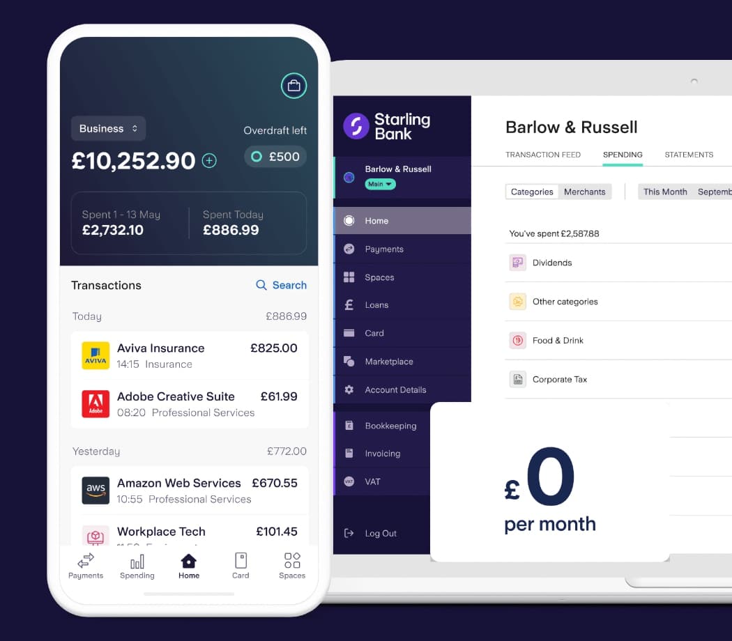 Starling Business Account has one of the best banking apps in the UK Starling Bank Business Account software on phone and laptop