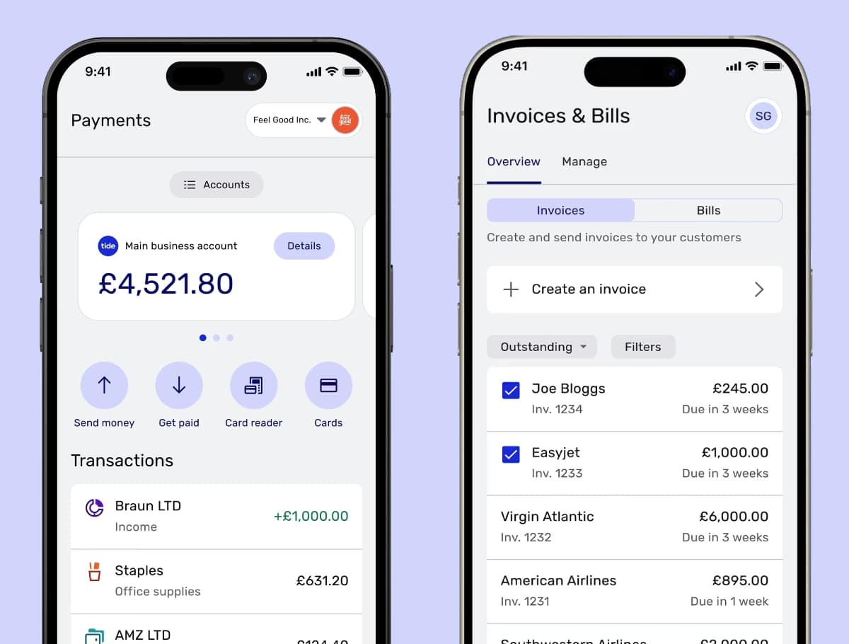 The Tide app looks like most other business banking apps Tide app on two iPhones