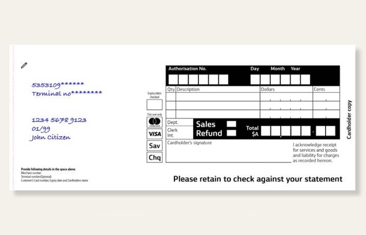 Example of a CommBank manual voucher to use when the EFTPOS machine is offline CommBank manual voucher