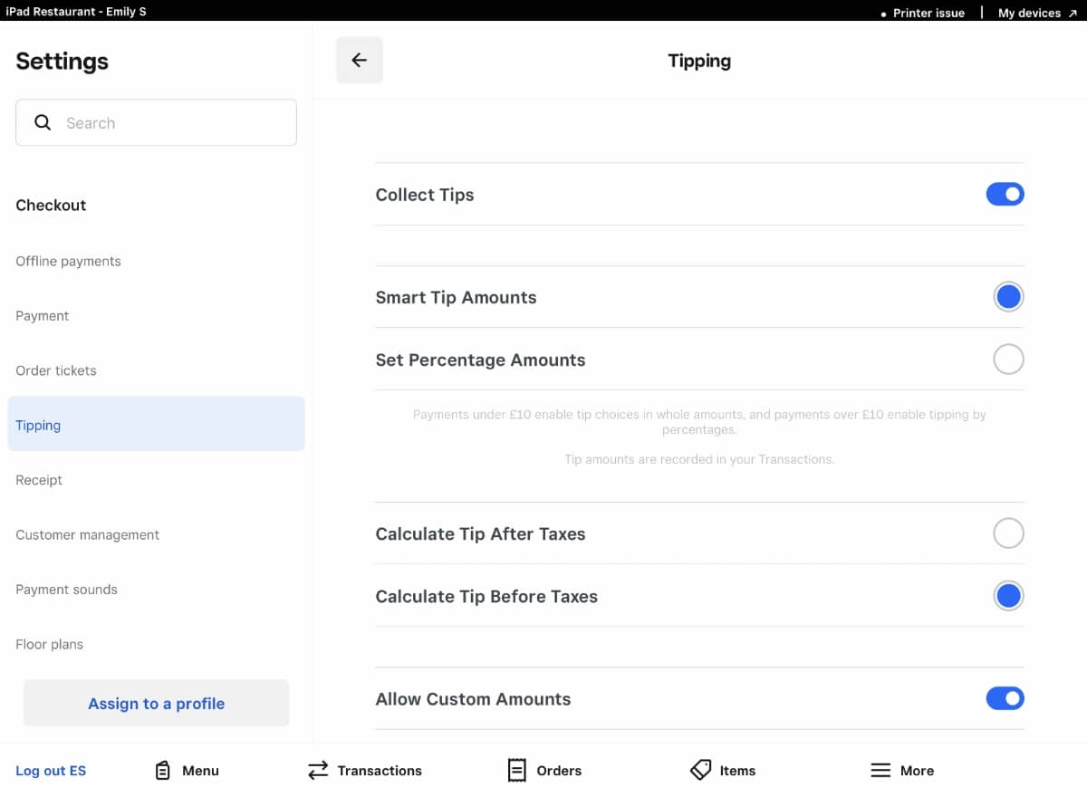 Square for Restaurants has different tips settings adjustable in the app Square for Restaurants tipping settings in iPad app