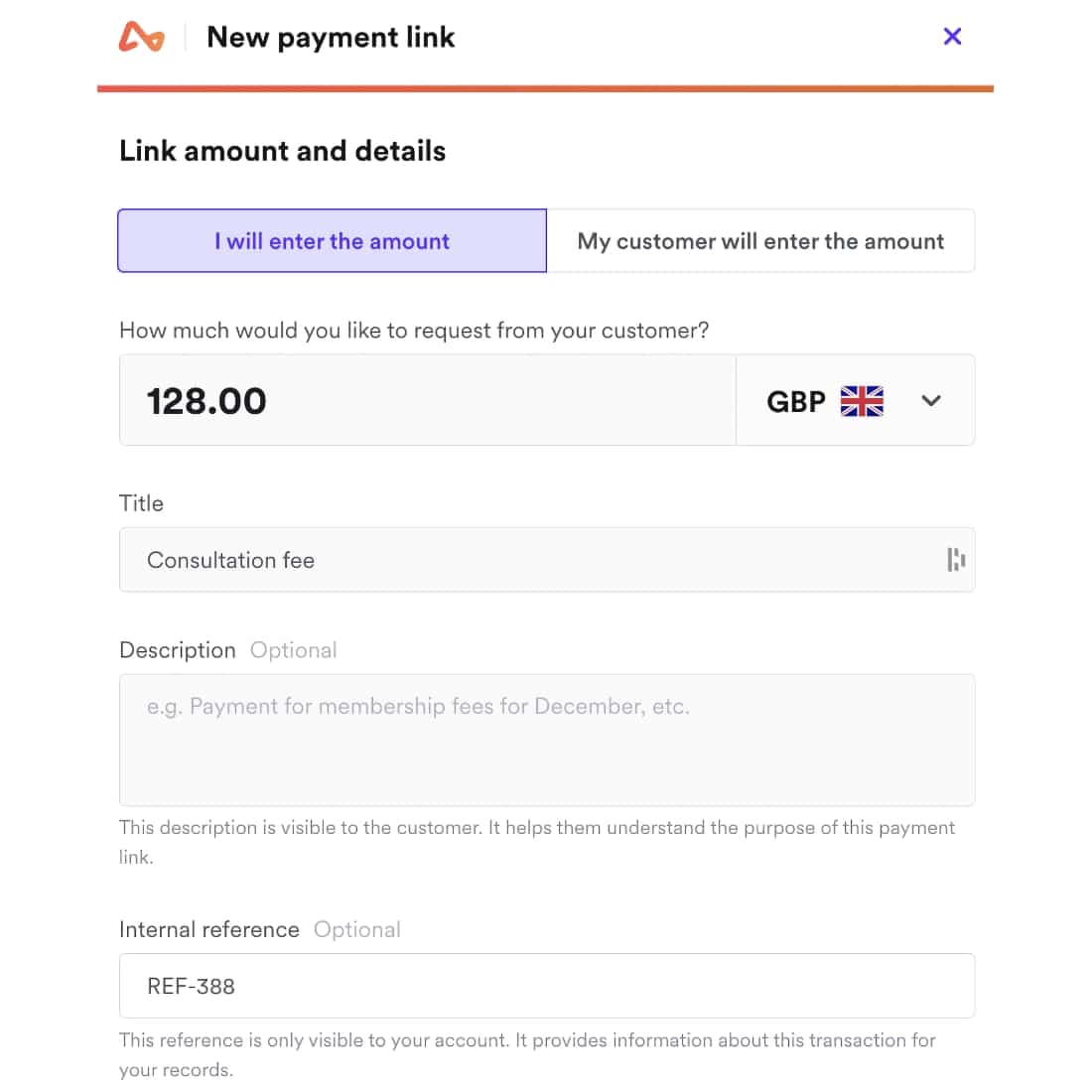 Airwallex lets users send payment links Airwallex payment link creation screen