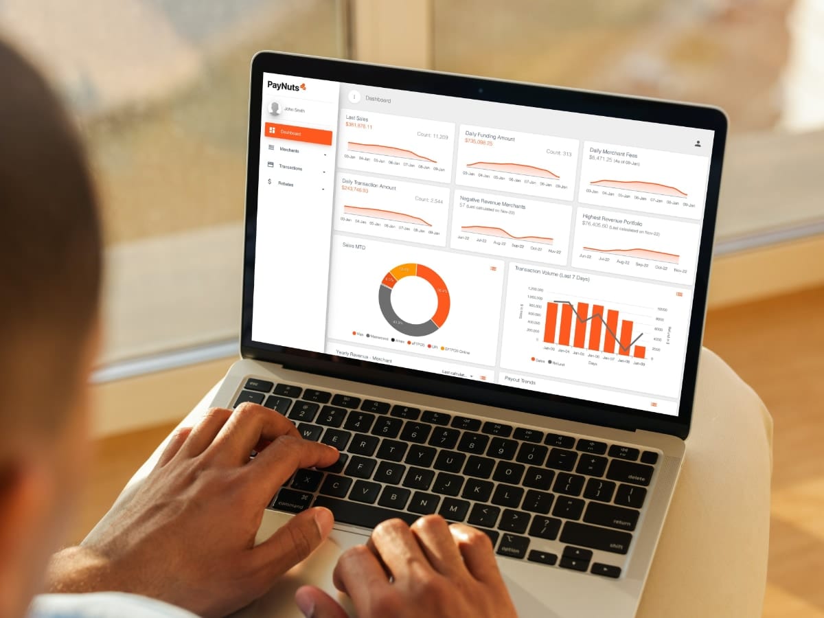 PayNuts dashboard sales analytics Man sitting with laptop with PayNuts sales analytics on the screen