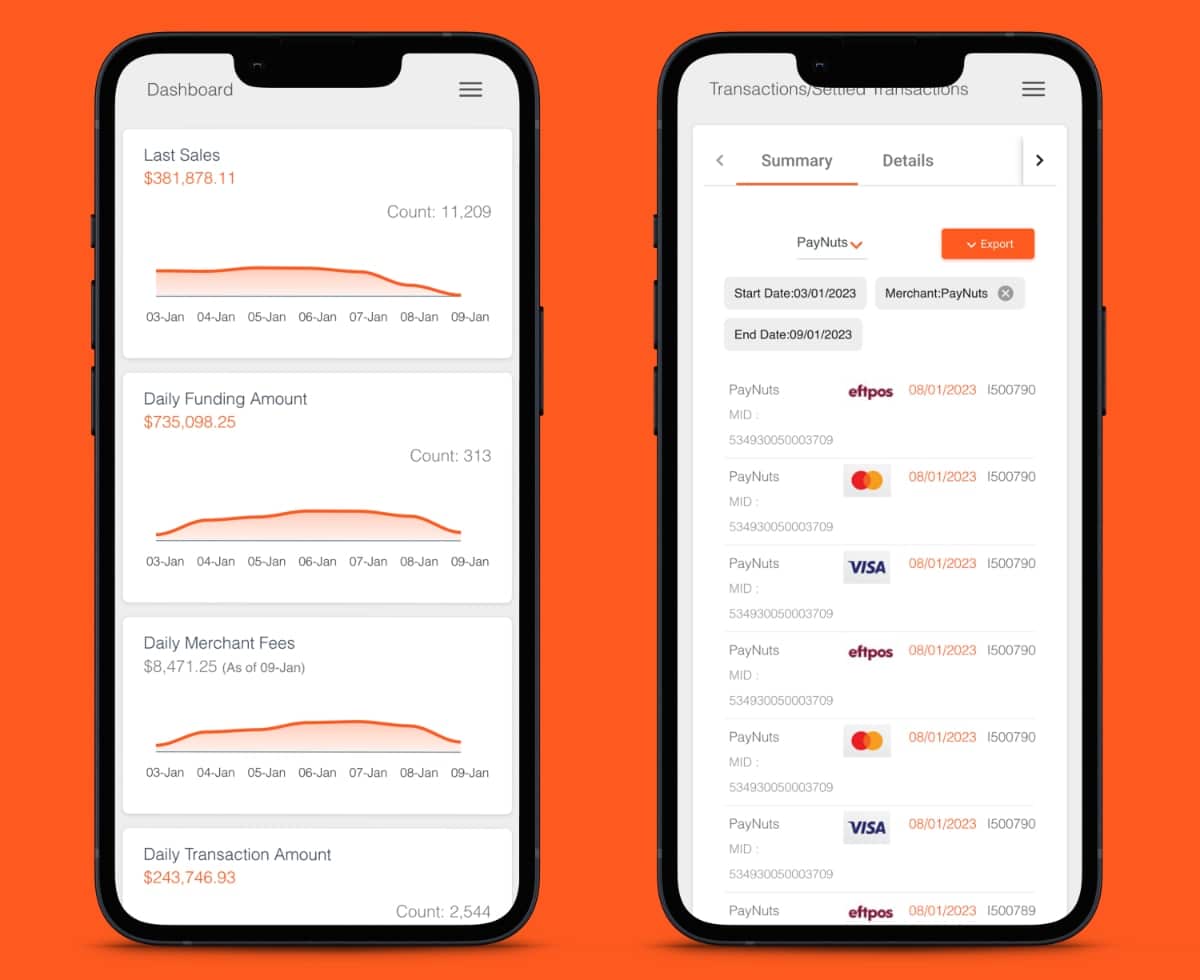 PayNuts business app screens PayNuts app sales analytics and payout screens