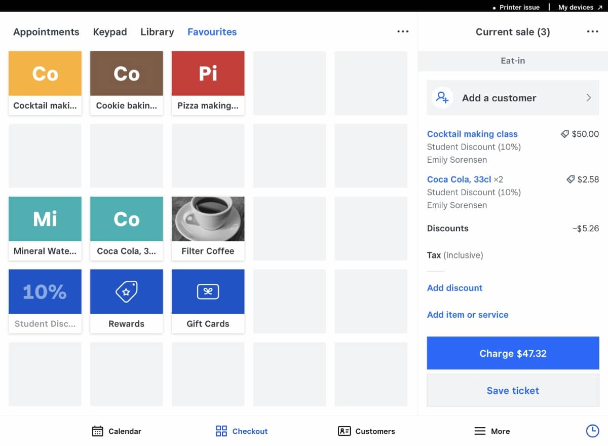 Square Appointments checkout menu Square Appointments checkout menu on iPad screen