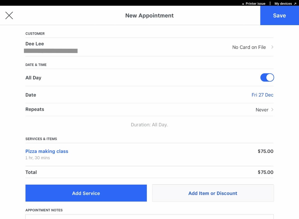 It’s easy to create a new appointment in the Square Appointments app Square Appointments create new appointment screen on iPad