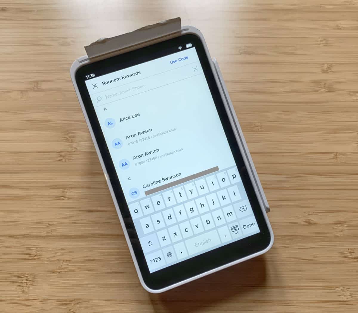 Square Terminal customer contact list on the screen