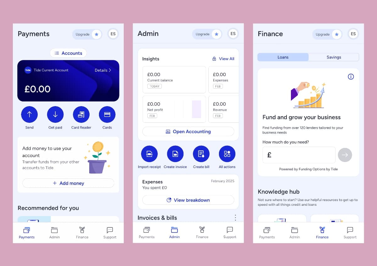 Tide app screens in 2025 Payments, Admin and Finance screens in the Tide app