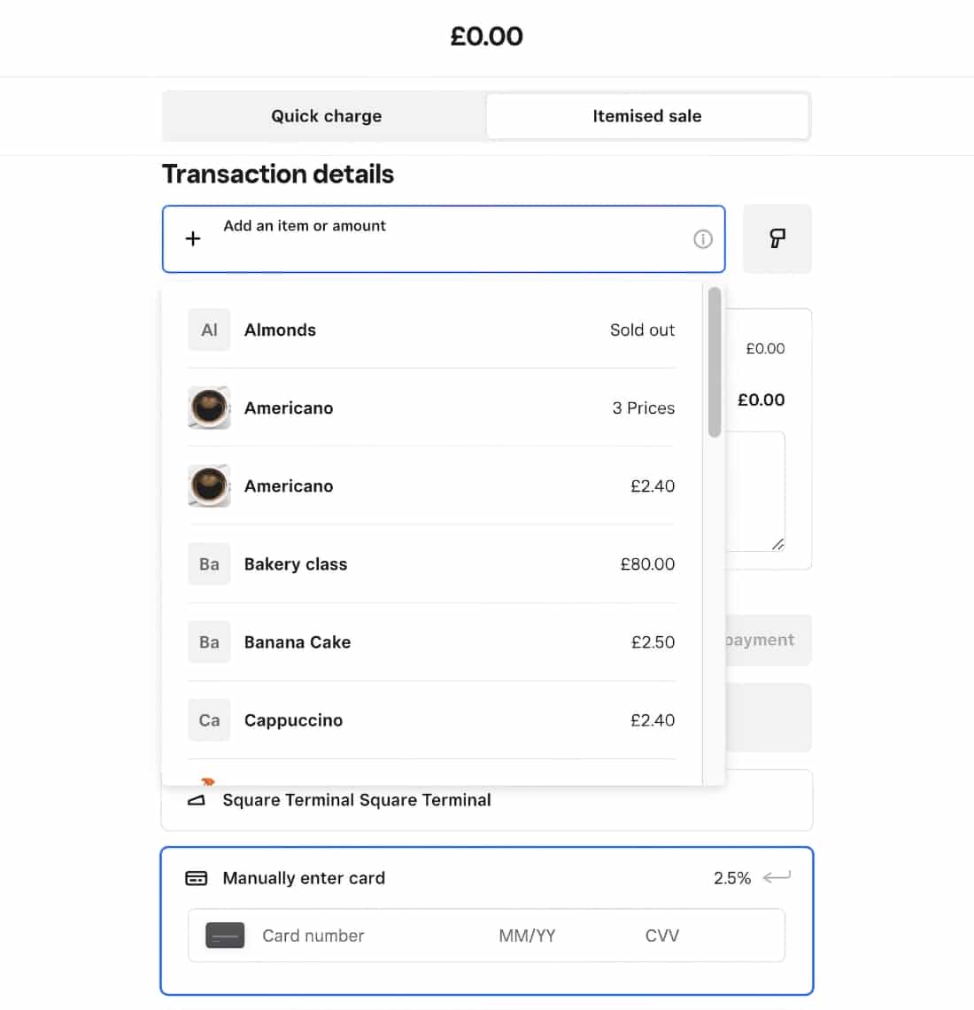Square Virtual Terminal lets you add multiple items to the same bill Square Virtual Terminal item list drop-down