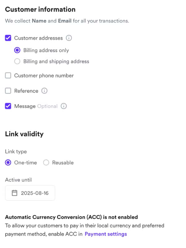 Airwallex payment link settings