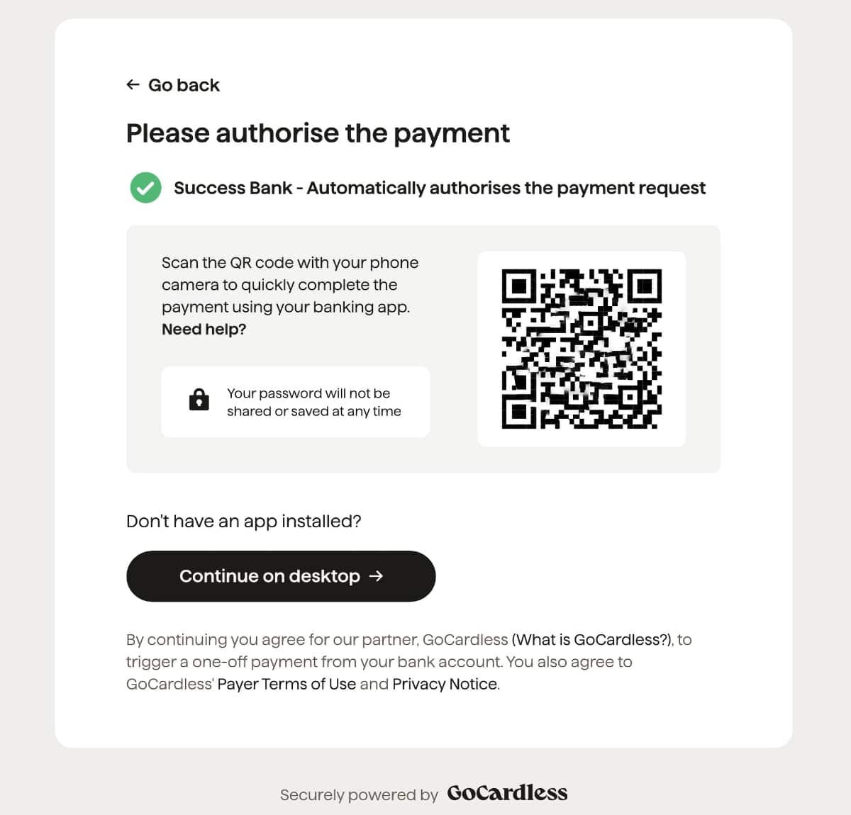 GoCardless QR code link during a transaction we tried