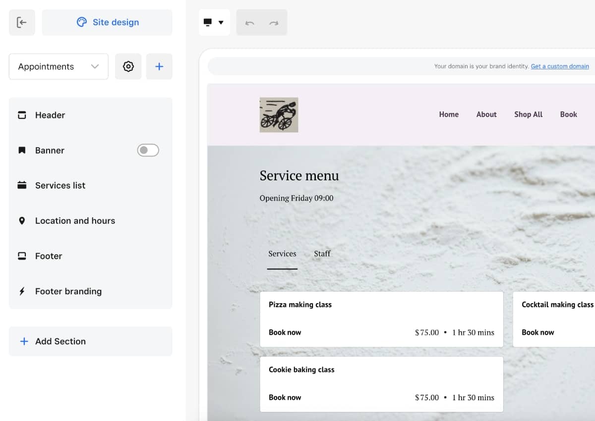 We tried the Square Online website editor, which is more basic than Shopify and Wix Square Online website editor showing editing options for our editor's test site