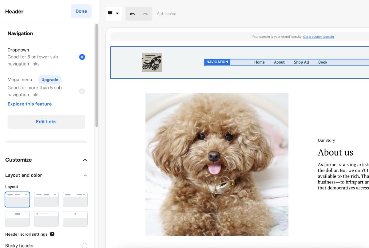 Square Online store editor with an About page open