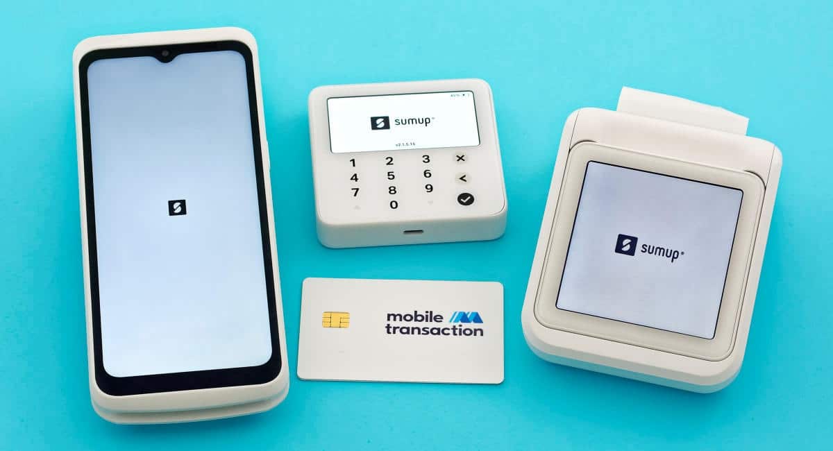 Our SumUp Terminal, Solo Lite and Solo that we tested, with a Mobile Transaction card