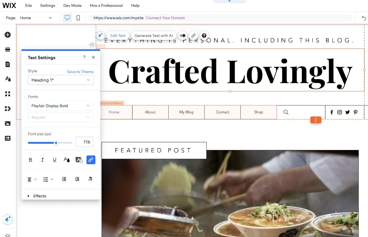 Wix website editor with a Crafted Lovingly home page