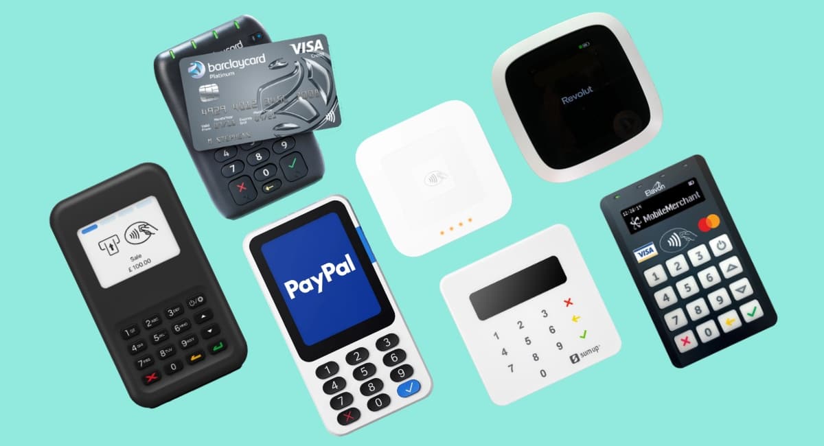 7 card payment readers alongside each other